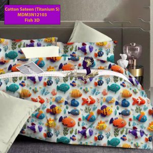 Set Sprei, Bedcover dan Quilt Cover Cotton Sateen Fish 3D-Titanium S.