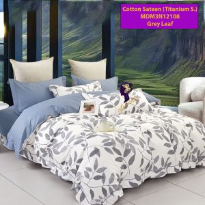 Set Sprei, Bedcover dan Quilt Cover Cotton Sateen Grey Leaf-Titanium S.