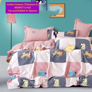 Set Sprei, Bedcover dan Quilt Cover Cotton Sateen Cat and Rabbit In Square-Titanium S.