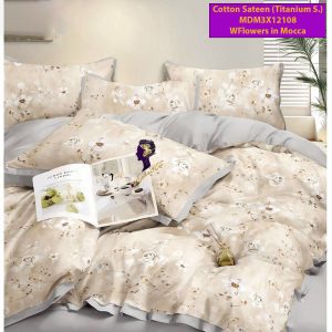 Set Sprei, Bedcover dan Quilt Cover Cotton Sateen White Flower in Choco Titanium S.