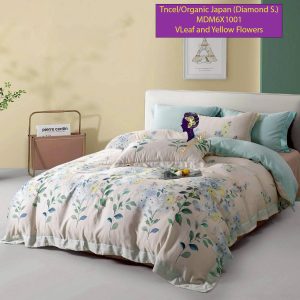 Madamel Set Sprei, Bedcover and Quiltcover Tncel/Organic Japan 60s Leaf and Yellow Flowers-Diamond Series