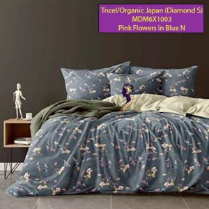 Madamel Set Sprei, Bedcover and Quiltcover Tncel/Organic Japan 60s Pink Flowers In Blue Navy-Diamond Series